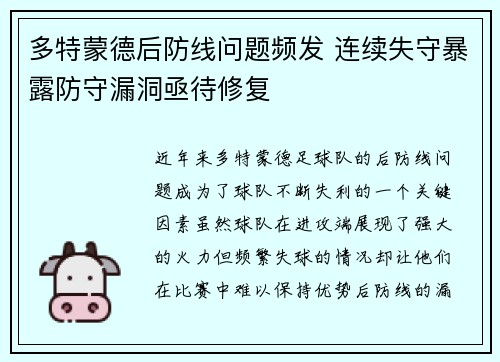 多特蒙德后防线问题频发 连续失守暴露防守漏洞亟待修复