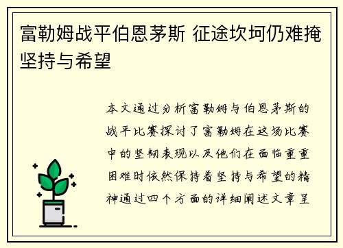 富勒姆战平伯恩茅斯 征途坎坷仍难掩坚持与希望