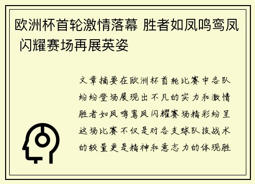 欧洲杯首轮激情落幕 胜者如凤鸣鸾凤 闪耀赛场再展英姿