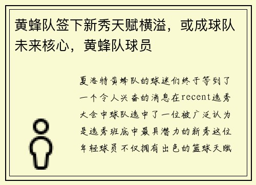 黄蜂队签下新秀天赋横溢，或成球队未来核心，黄蜂队球员