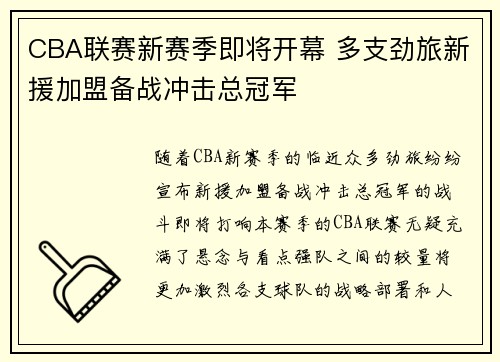 CBA联赛新赛季即将开幕 多支劲旅新援加盟备战冲击总冠军