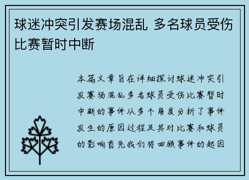 球迷冲突引发赛场混乱 多名球员受伤比赛暂时中断