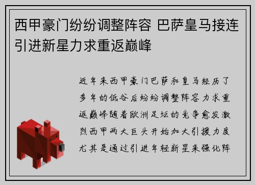 西甲豪门纷纷调整阵容 巴萨皇马接连引进新星力求重返巅峰