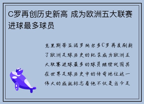 C罗再创历史新高 成为欧洲五大联赛进球最多球员